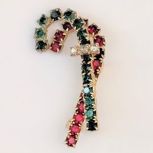 Vintage Rhinestone Candy Cane Brooch Pin Christmas